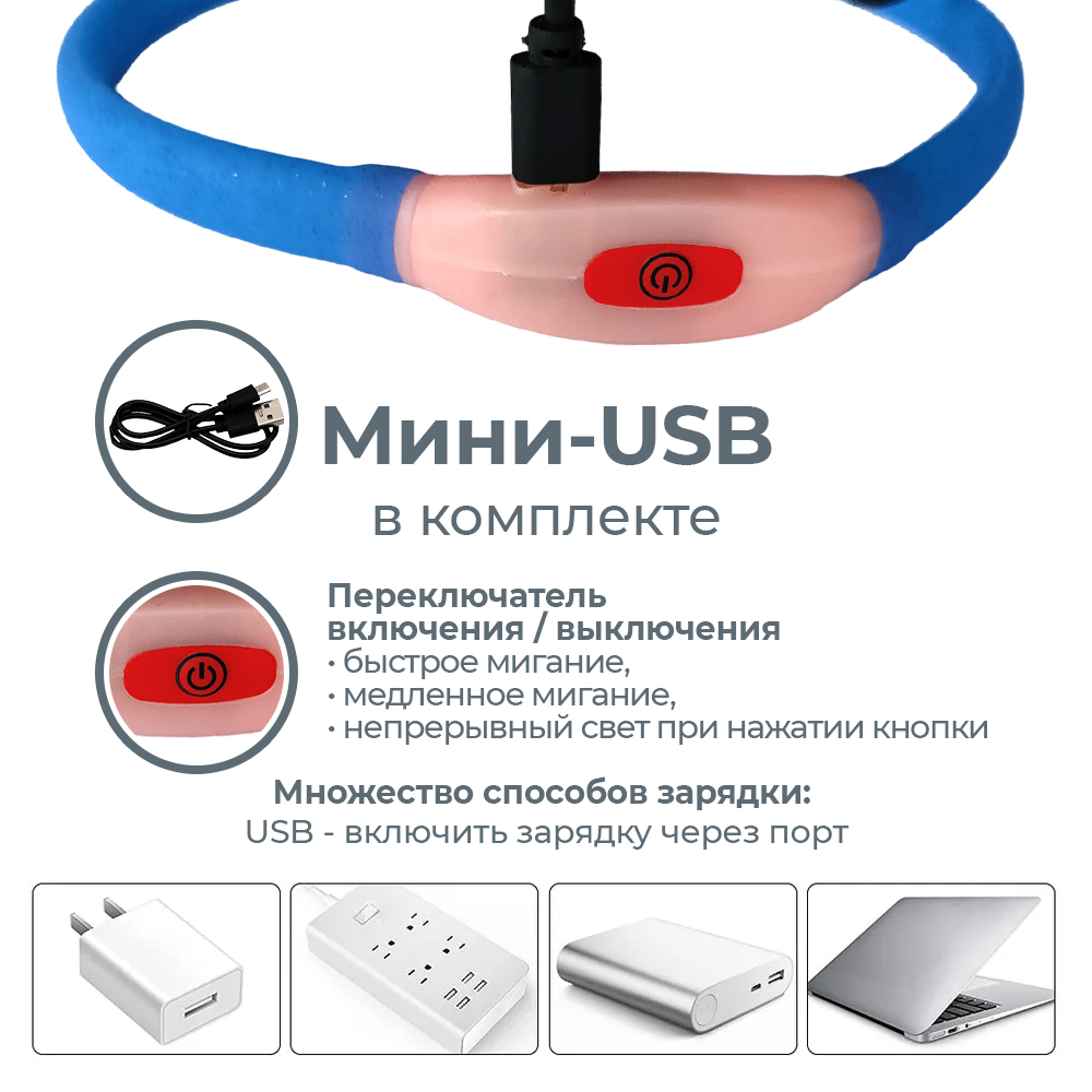 Ошейник светящийся светодиодный для собак с USB зарядкой 50 см, синий