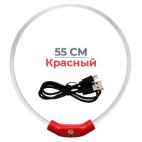 Ошейник светящийся светодиодный для собак с USB зарядкой 55 см, прозрачный с красным 