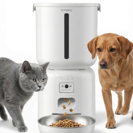 Автокормушка Petzengo PF28C Wi-Fi 4 л с камерой для сухого корма, стальная миска, белая