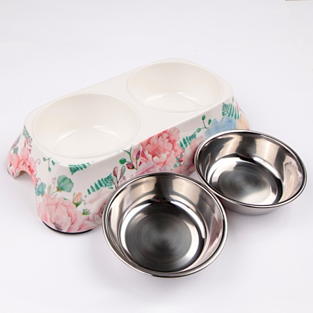 Миска двойная со съемными металлическими чашами, 27x15x6 см, 150+150 мл, розовый, цветы