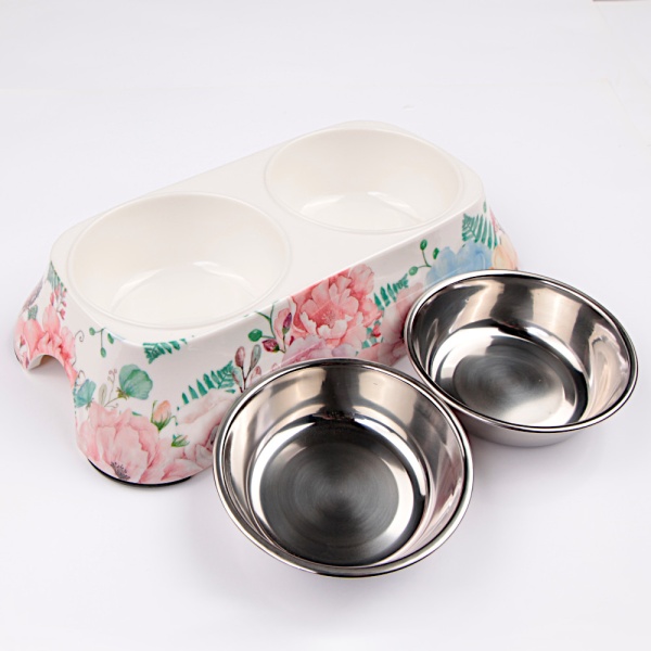 Миска двойная со съемными металлическими чашами, 27x15x6 см, 150+150 мл, розовый, цветы