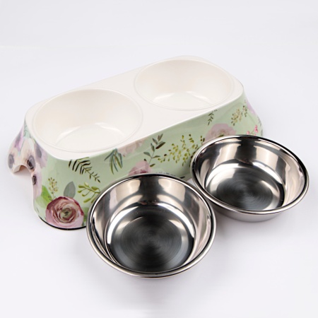 Миска двойная со съемными металлическими чашами, 27x15x6 см, 150+150 мл, зеленый, цветы