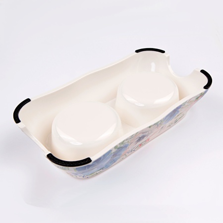 Миска двойная со съемными металлическими чашами, 27x15x6 см, 150+150 мл, синий, цветы