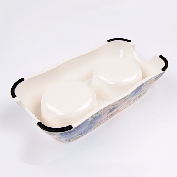 Миска двойная со съемными металлическими чашами, 27x15x6 см, 150+150 мл, синий, цветы