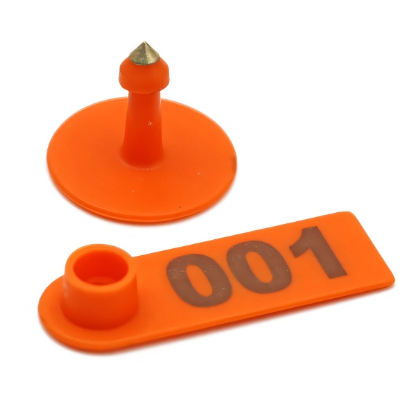 Бирка двойная 50х18 мм с номером, оранжевая, прямоугольная, 100 шт. для свиней, коз, овец, собак и других животных