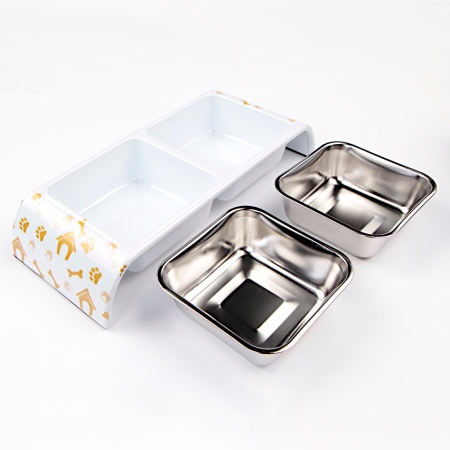 Миска двойная, 30x12x4.5 см, 300+300 мл, домик, белый