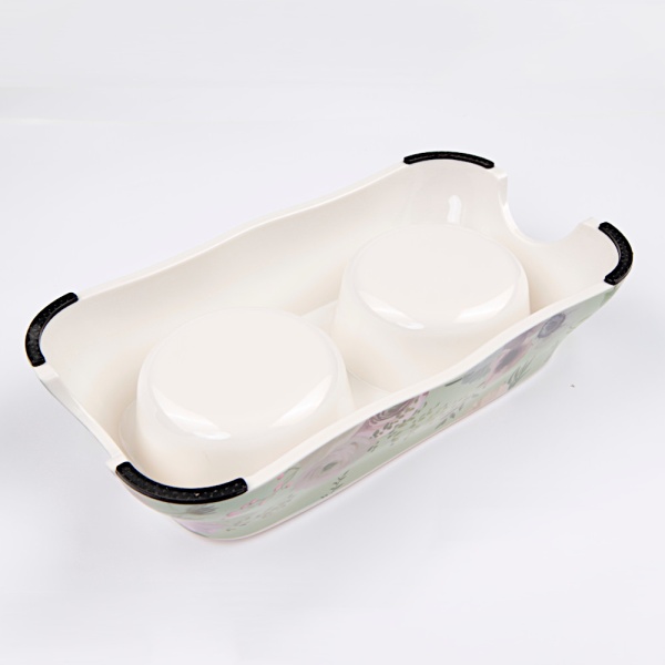 Миска двойная со съемными металлическими чашами, 27x15x6 см, 150+150 мл, зеленый, цветы