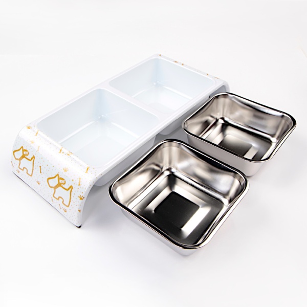 Миска двойная, 30x12x4.5 см, 300+300 мл, собака, белый