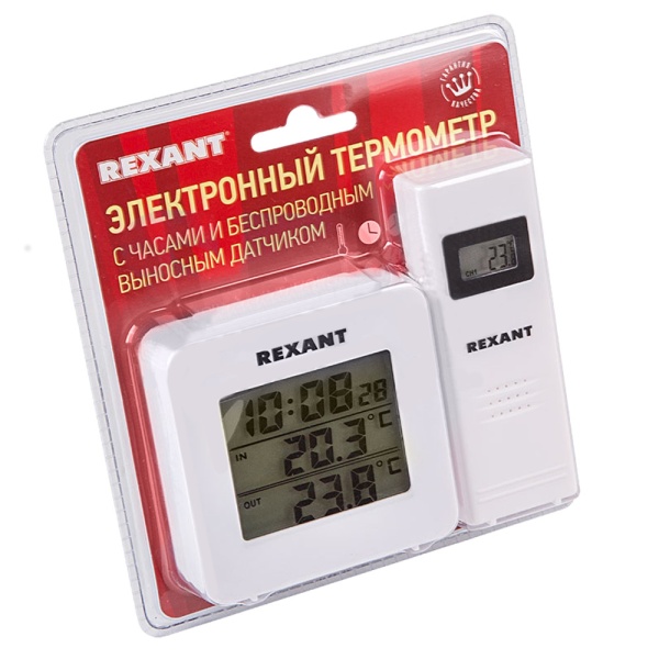 Термометр электронный с часами и беспроводным выносным датчиком REXANT