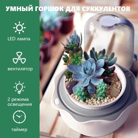 Умный горшок для суккулентов HobbyFarm с вентиляцией, LED подсветкой и таймером