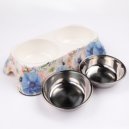 Миска двойная со съемными металлическими чашами, 27x15x6 см, 150+150 мл, синий, цветы
