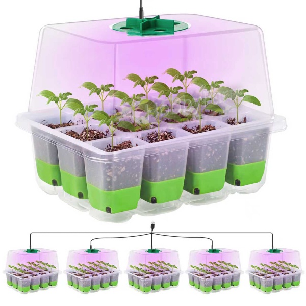 Мини парник с подсветкой HobbyFarm, 12 ячеек, набор кассет для рассады с силиконовым основанием, зеленый, 5 шт.