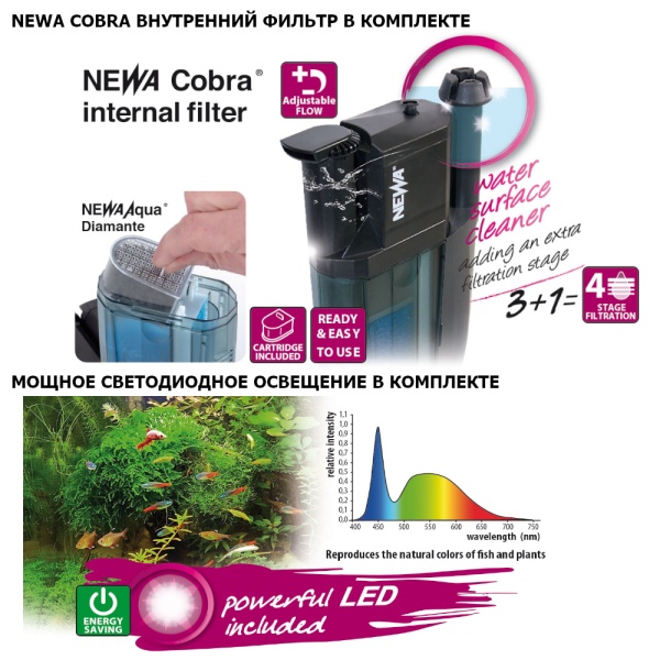 Аквариум с тумбой Newa Hobby NH 60, 60 л с фильтром, нагревателем, аэрацией и LED освещением