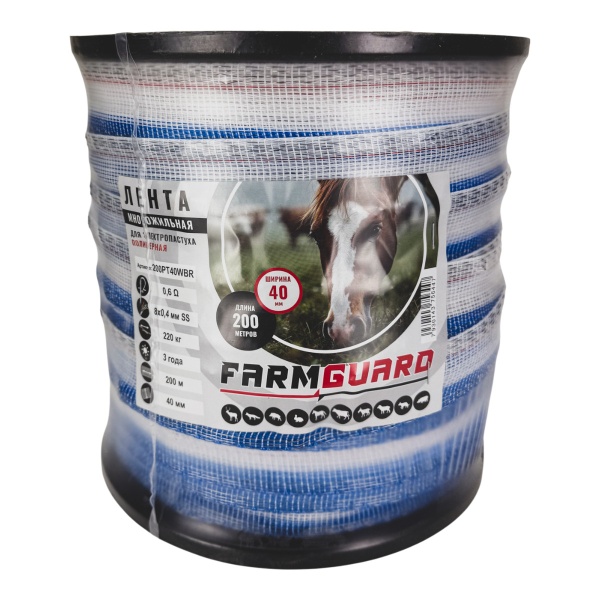 Лента для электропастуха FarmGuard зимняя сине-бело-красная 40 мм / 200 м / 8х0.4 мм SS