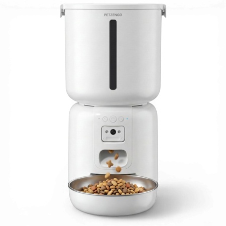 Автокормушка Petzengo PF28C Wi-Fi 4 л с камерой для сухого корма, стальная миска, белая