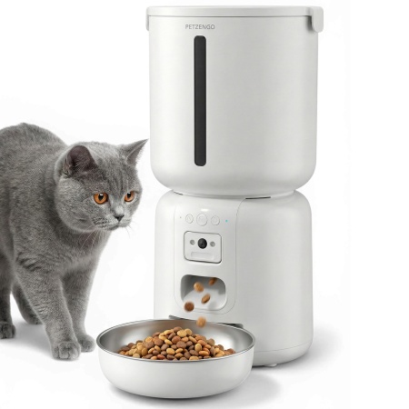 Автокормушка Petzengo PF28C Wi-Fi 4 л с камерой для сухого корма, стальная миска, белая