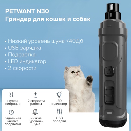 Гриндер для кошек и собак Petwant N30 USB, подсветка, LED индикатор, 2 скорости, серый