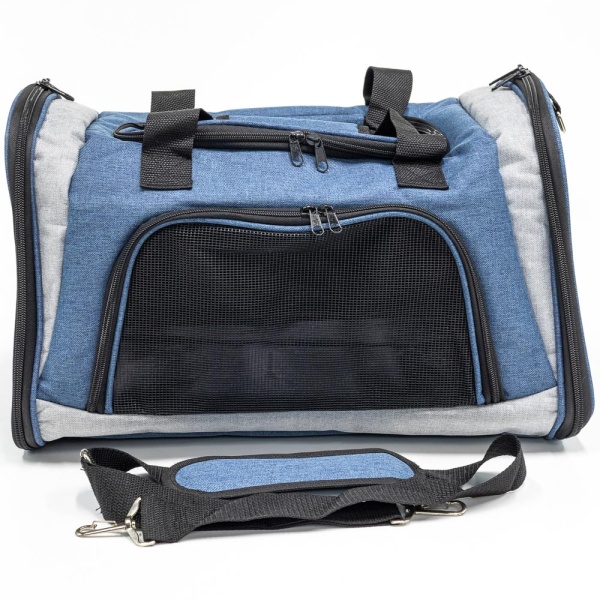 Сумка переноска складная для собак и кошек 46х28х29 см, синий/серый