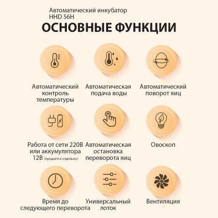 Инкубатор HHD 56H автоматический с контролем влажности и овоскопом на 220В/12В от сети и аккумулятора на 56 яиц