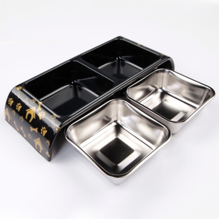 Миска двойная, 30x12x4.5 см, 300+300 мл, домик, черный