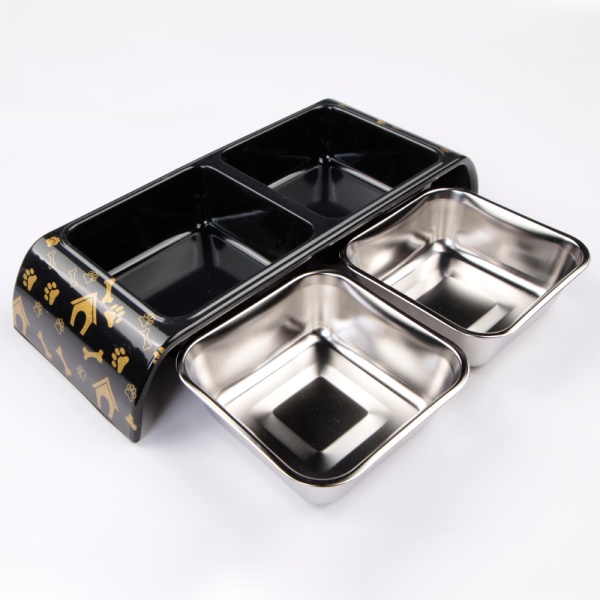 Миска двойная, 30x12x4.5 см, 300+300 мл, домик, черный