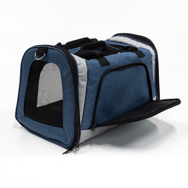 Сумка переноска складная для собак и кошек 46х28х29 см, синий/серый
