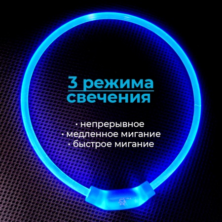 Ошейник светящийся светодиодный для собак с USB зарядкой 55 см, прозрачный с синим 