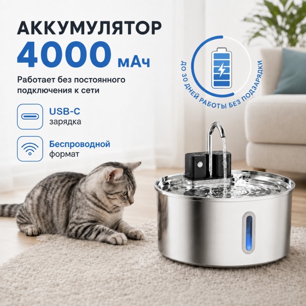 Автопоилка фонтан Petzengo PWL-009 7 л, беспроводной с датчиком движения, нержавеющая сталь, для собак и кошек