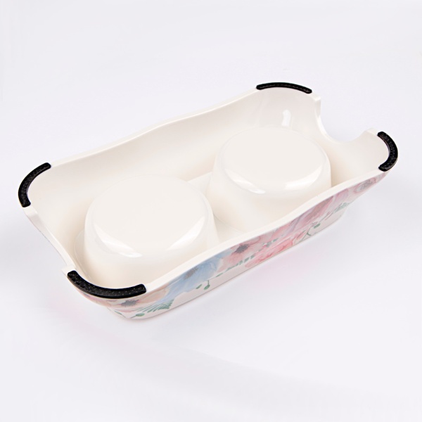 Миска двойная со съемными металлическими чашами, 27x15x6 см, 150+150 мл, розовый, цветы