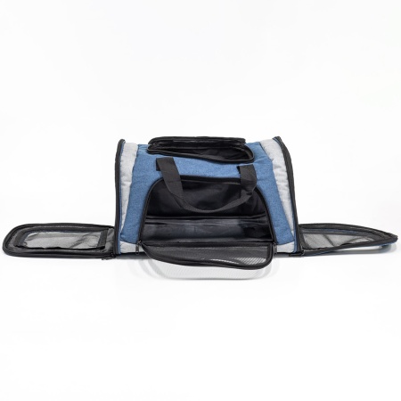 Сумка переноска складная для собак и кошек 46х28х29 см, синий/серый