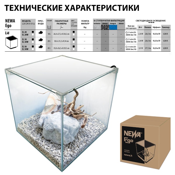 Аквариум Newa Ego LID, EL 30W, 28 л панорамный, LED освещение, белая стеклянная крышка